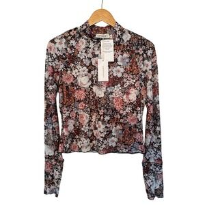 LOVESOFT Floral Mesh Top Womens Large Multicolor NWT Mock Neck Long Sleeve